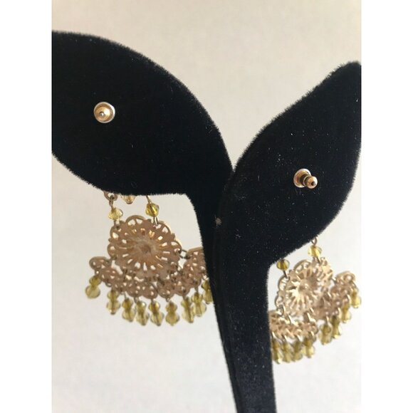 Vintage Gold Tone Filigree Pierced Wire Chandelier Dangle Earrings Chartreuses - Picture 4 of 10